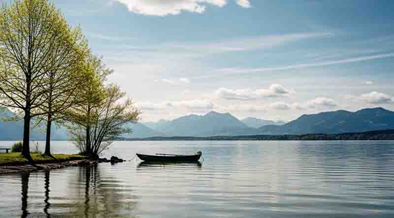 Naturaufnahme am Starnberger See, Fünfseenland unter strahlend blauem Himmel mit lockeren Schönwetterwolken.
