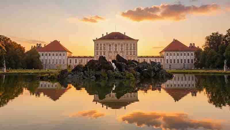 Ein prachtvolles Barockschloss (Schloss Nymphenburg) bei Sonnenuntergang, das sich in einem stillen See im Vordergrund spiegelt